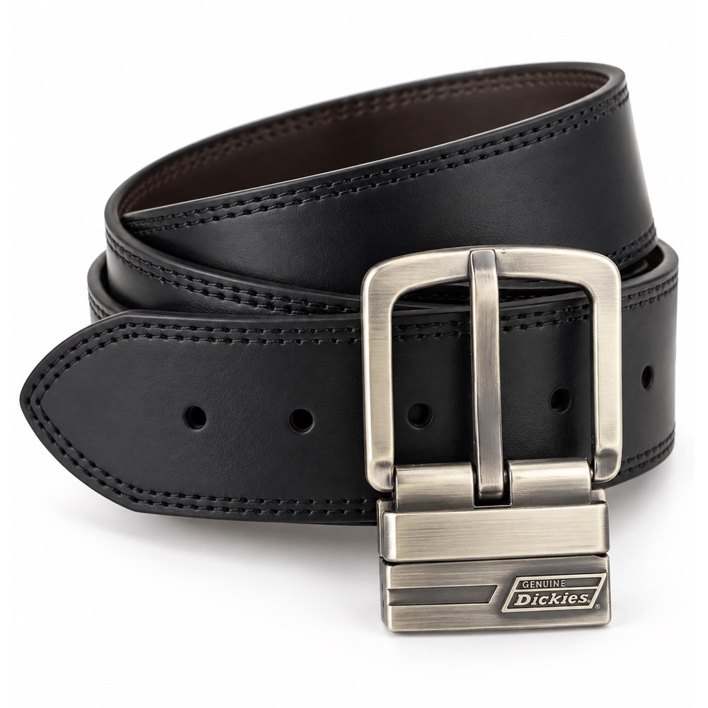 Dickies Men's Black Coated Leather Belt Silver Logo Buckle Size 46-48